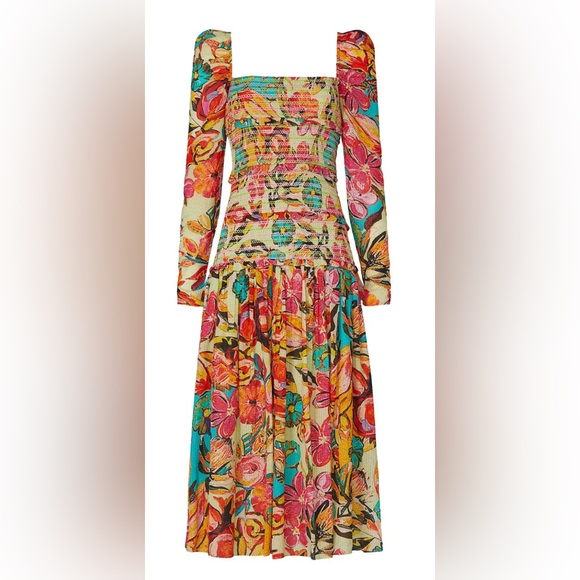 Hemant & Nandita Aroha Puff Sleeve Midi Dress Smocked Revolve Women’s Size Large - Picture 6 of 8